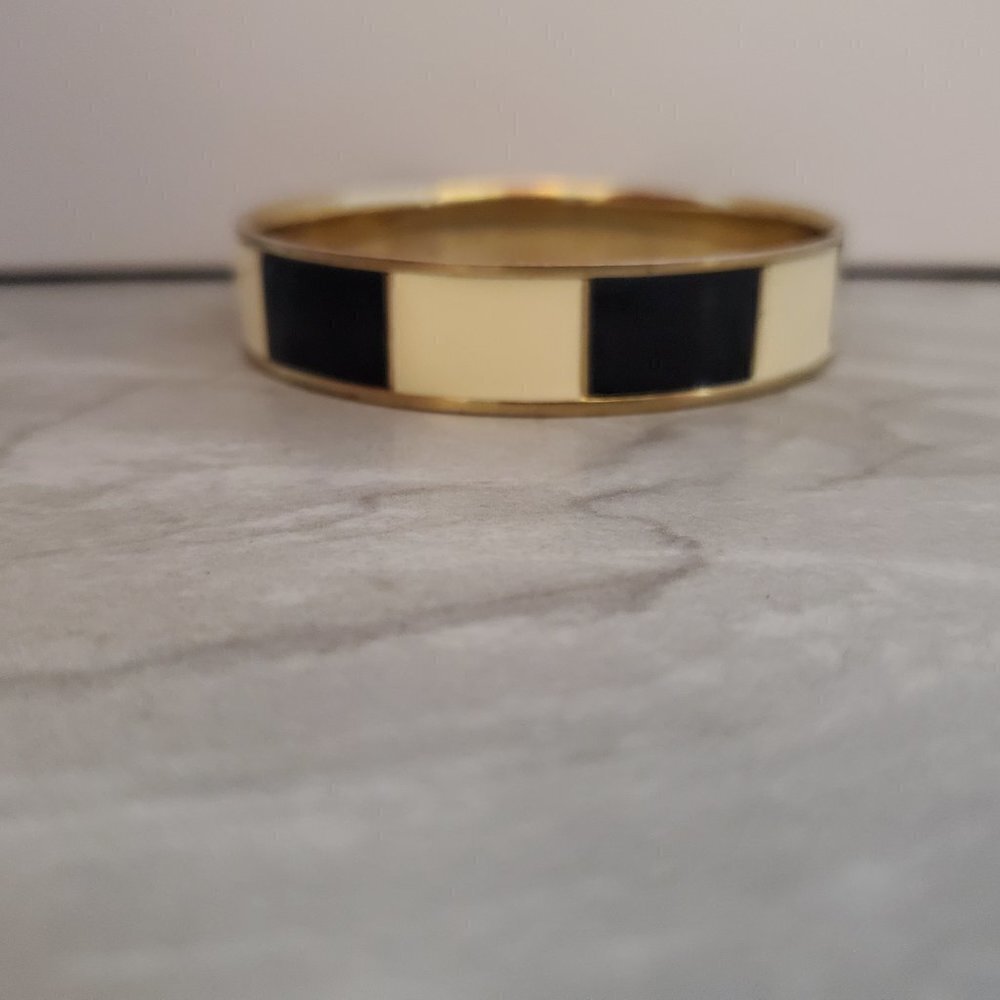 💕 Vintage 90s 1990s J.Crew Black Cream Striped Enamel Bangle Bracelet 💕 - Picture 2 of 12